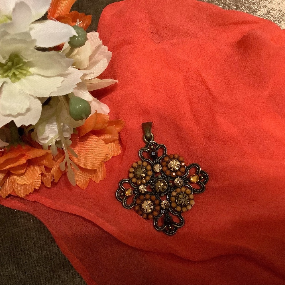 Vintage Floral Pendant with Rhinestones and Beads Coral and Citrine Colors
